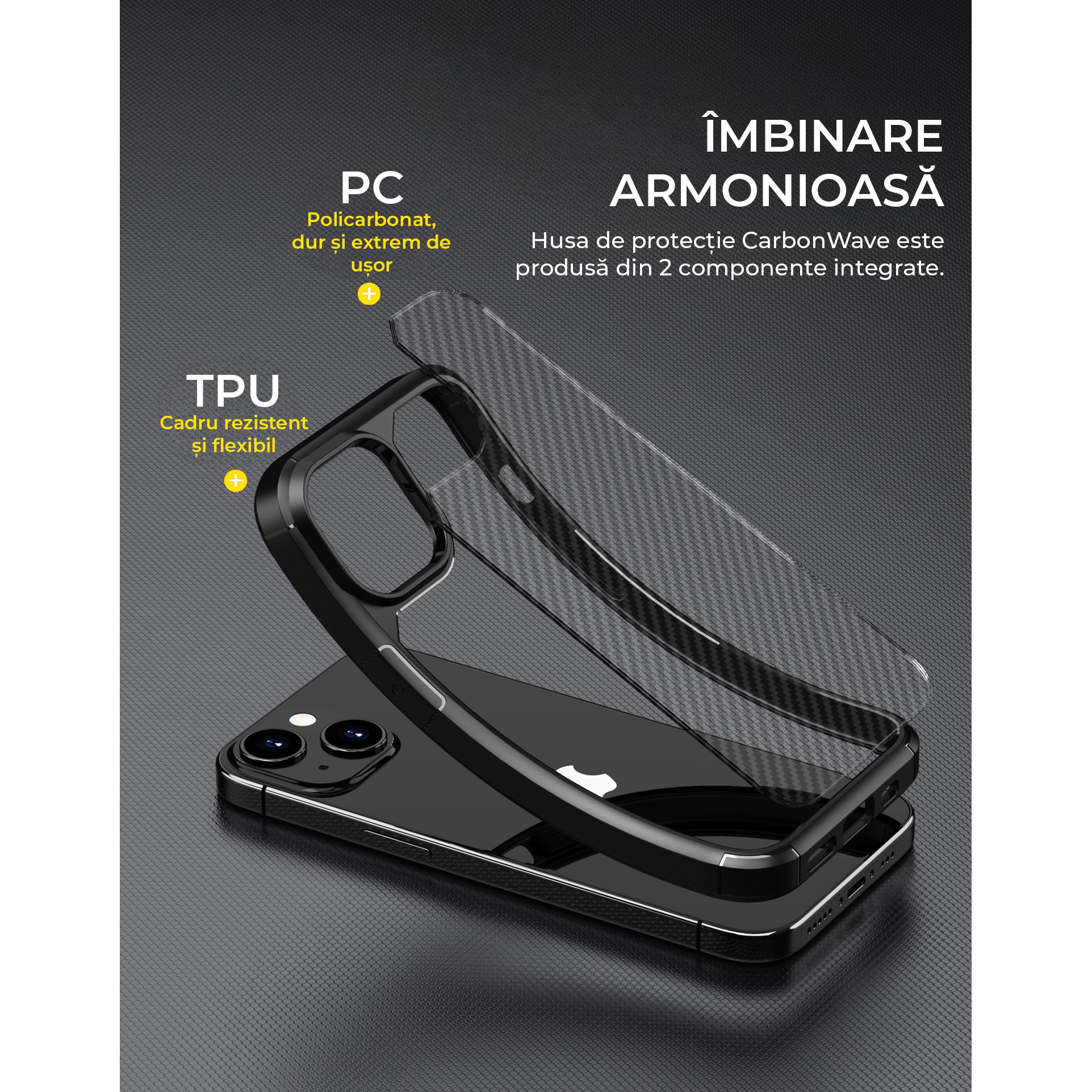 Husa de protectie pentru iPhone 13 Mini, Kribo CarbonWave, Premium Fit, Anti-soc, textura carbon, carcasa spate, compatibila cu incarcarea wireless, negru