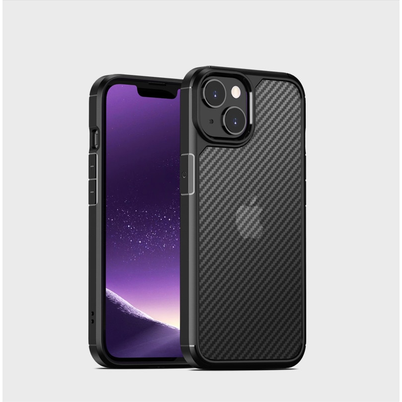 Husa de protectie pentru iPhone 14 Plus, Kribo CarbonWave, Premium Fit, Anti-soc, textura carbon, carcasa spate, compatibila cu incarcarea wireless, negru