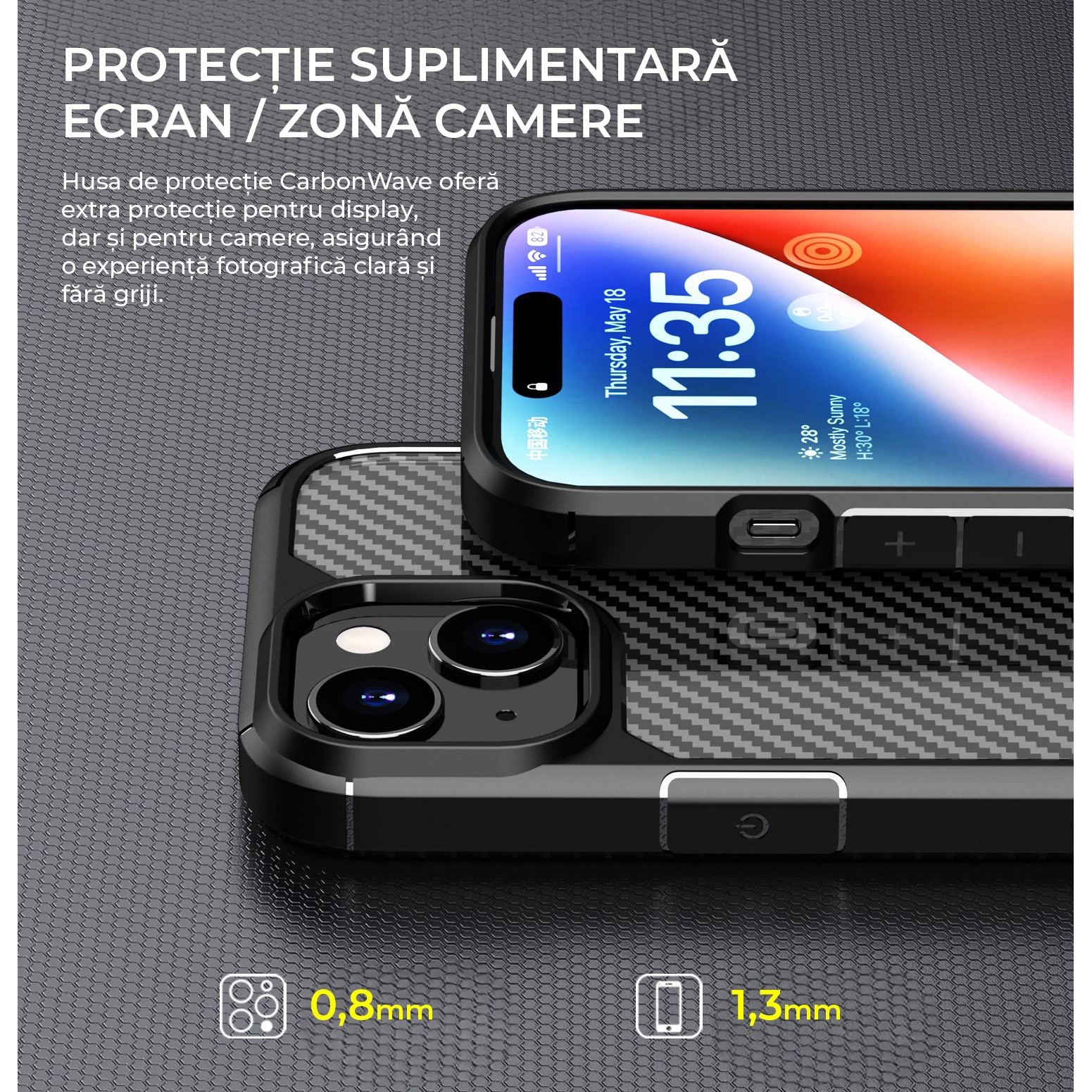Husa de protectie pentru iPhone 14 Plus, Kribo CarbonWave, Premium Fit, Anti-soc, textura carbon, carcasa spate, compatibila cu incarcarea wireless, negru
