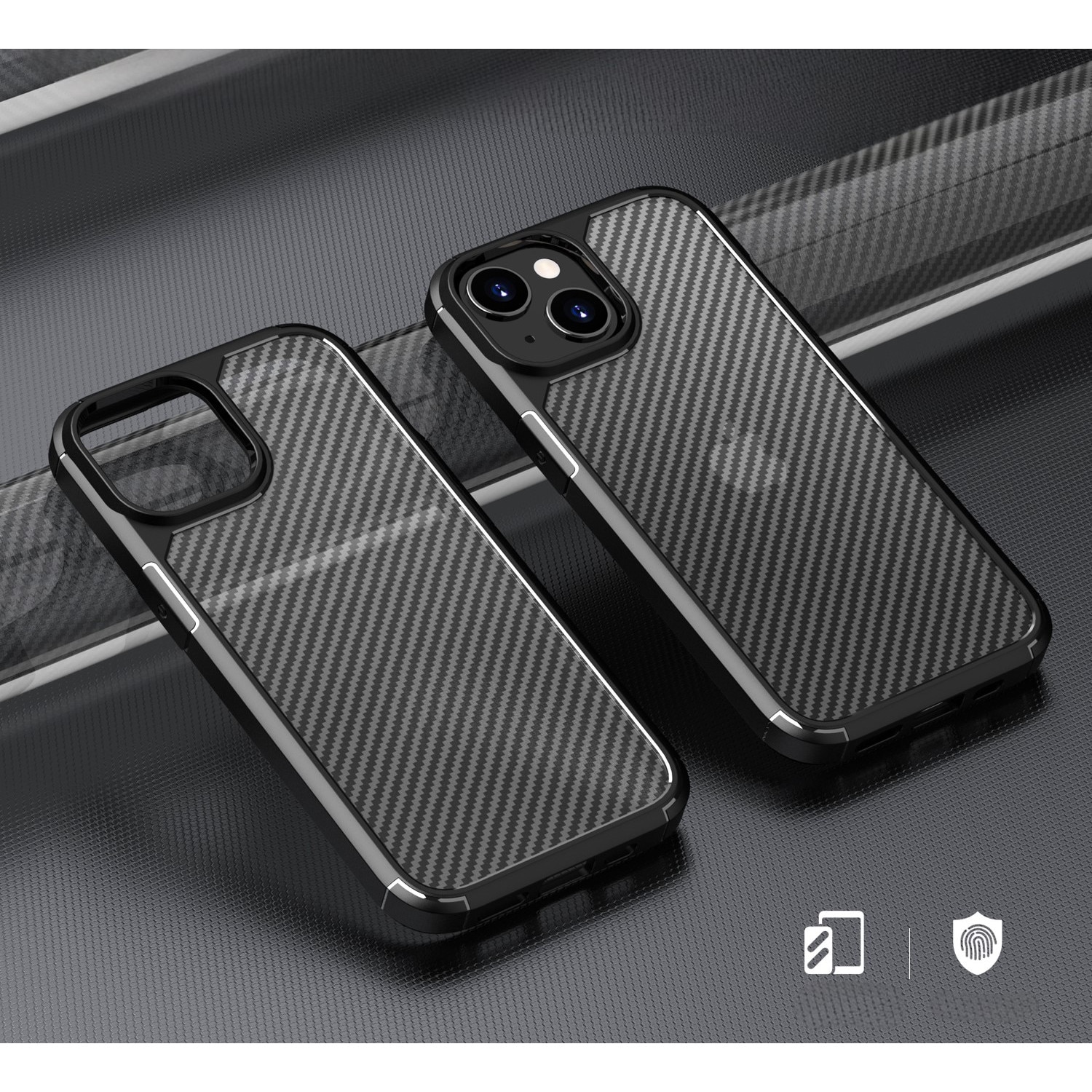 Husa de protectie pentru iPhone 14 Plus, Kribo CarbonWave, Premium Fit, Anti-soc, textura carbon, carcasa spate, compatibila cu incarcarea wireless, negru