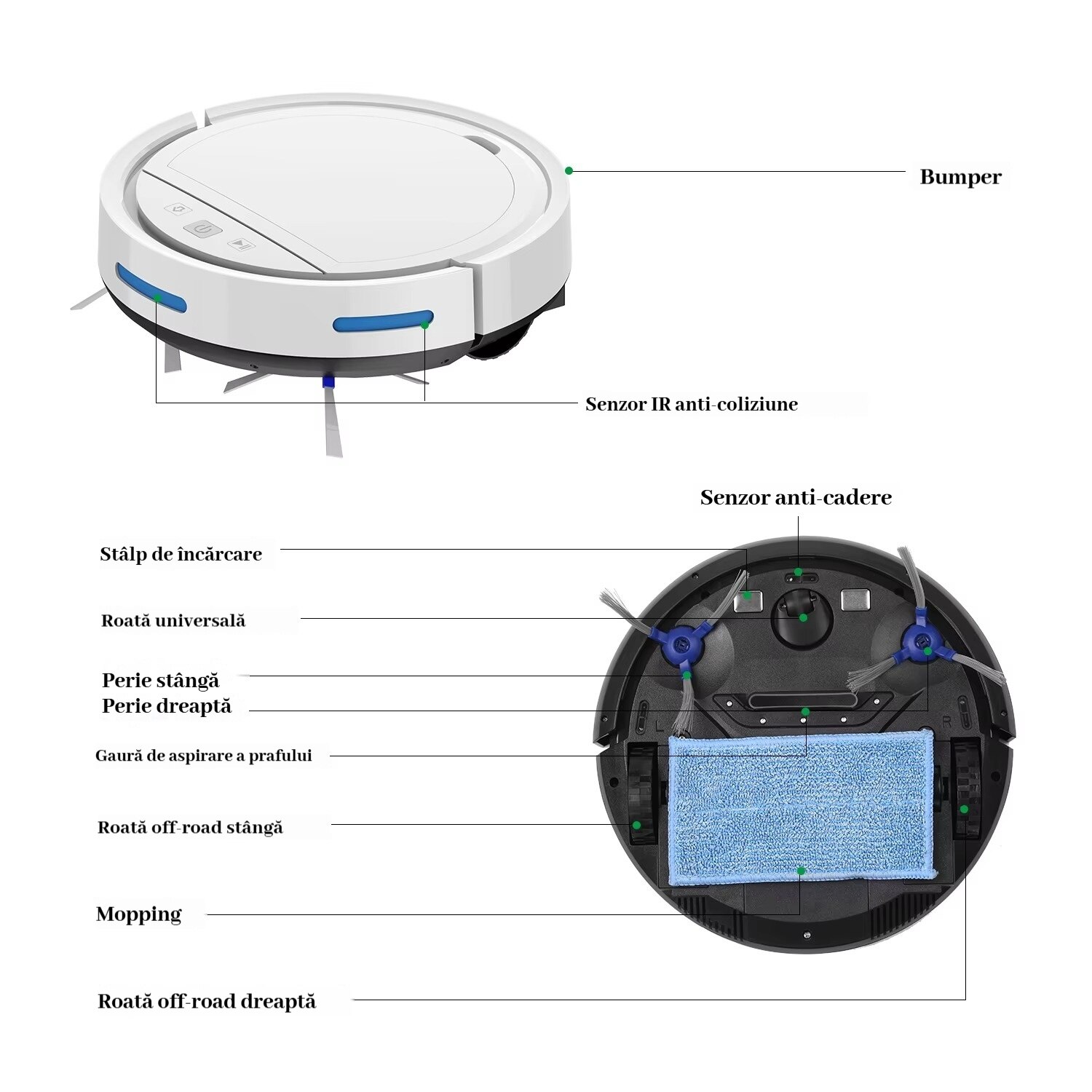 Aspirator Robot Inteligent, VDSTAR®, EBO-118B, Aspirare Puternica 2500Pa cu Control prin Aplicatie, Auto-incarcare, Aspirare pe Uscat, ABS, Alb
