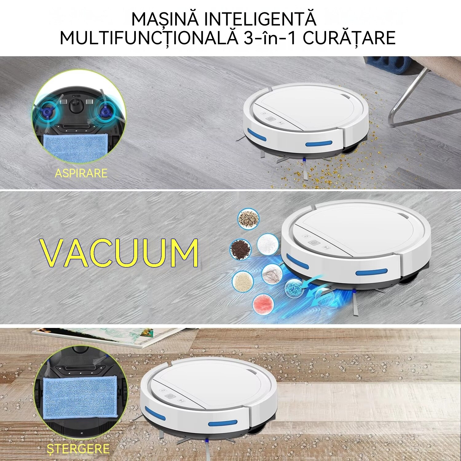 Aspirator Robot Inteligent, VDSTAR®, EBO-118B, Aspirare Puternica 2500Pa cu Control prin Aplicatie, Auto-incarcare, Aspirare pe Uscat, ABS, Alb
