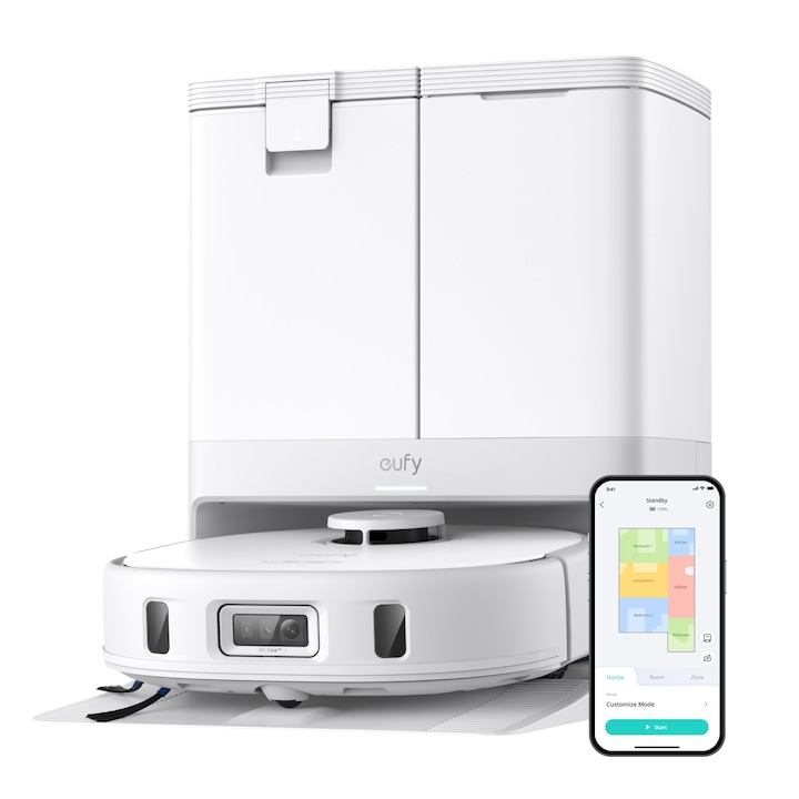 Aspirator robot eufy X10 Pro Omni, 8,000 Pa, Tehnologie MopMaster 2.0, Recipient de praf de 2.5L cu golire automata + uscarea mopului la 45°C, Rezervor de apa de 3L, Autonomie de 173 min, Evitare a obstacolelor cu AI, Alb