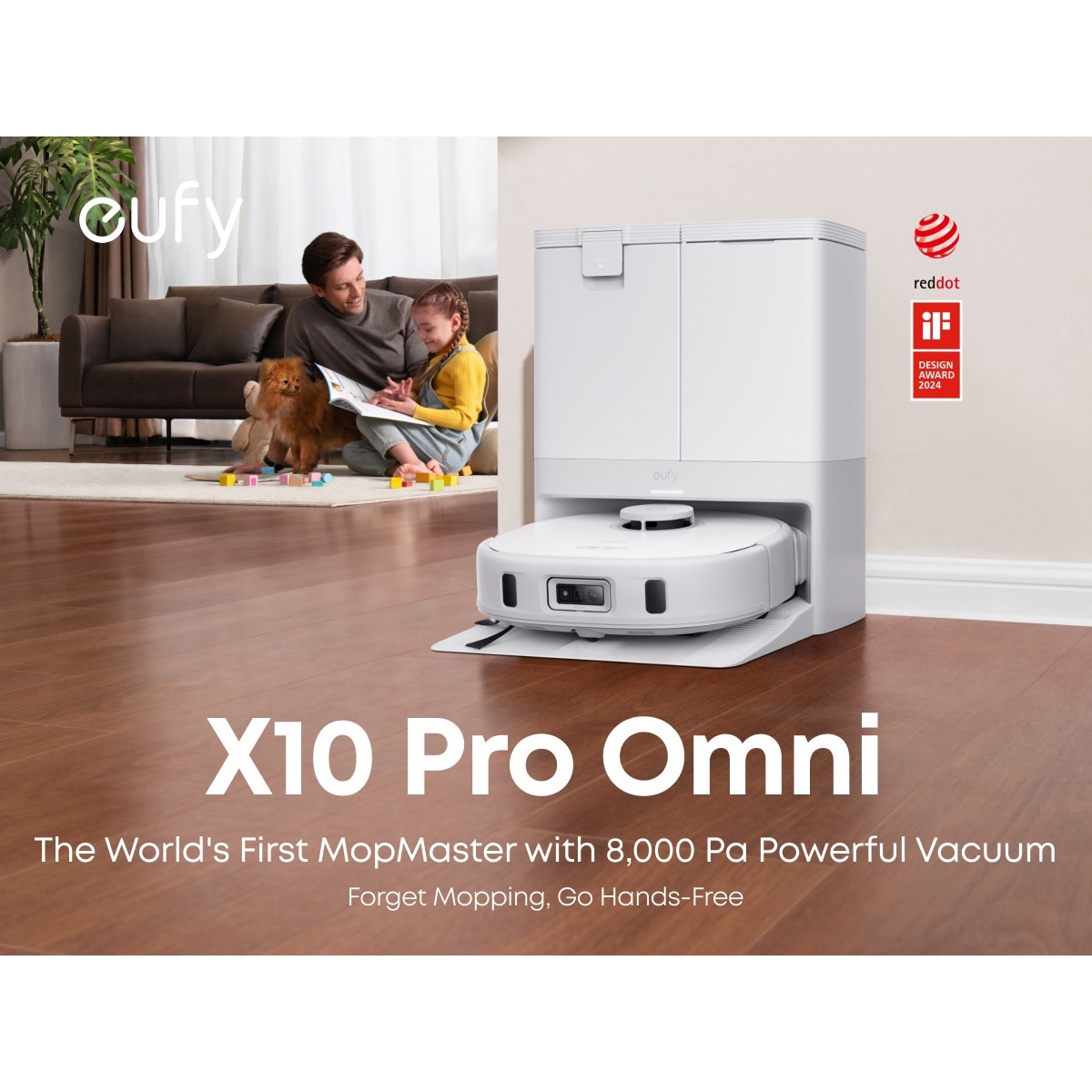 Aspirator robot eufy X10 Pro Omni, 8,000 Pa, Tehnologie MopMaster 2.0, Recipient de praf de 2.5L cu golire automata + uscarea mopului la 45°C, Rezervor de apa de 3L, Autonomie de 173 min, Evitare a obstacolelor cu AI, Alb