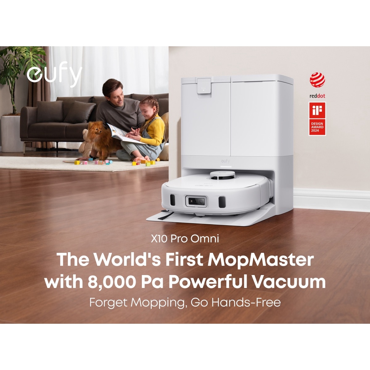 Aspirator robot eufy X10 Pro Omni, 8,000 Pa, Tehnologie MopMaster 2.0, Recipient de praf de 2.5L cu golire automata + uscarea mopului la 45°C, Rezervor de apa de 3L, Autonomie de 173 min, Evitare a obstacolelor cu AI, Alb