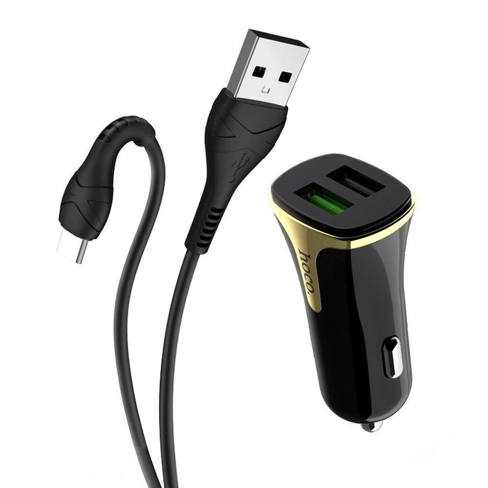 Incarcator auto Hoco Z31, QuickCharge 3.0, 2xUSB, Cablu USB-C inclus, Black