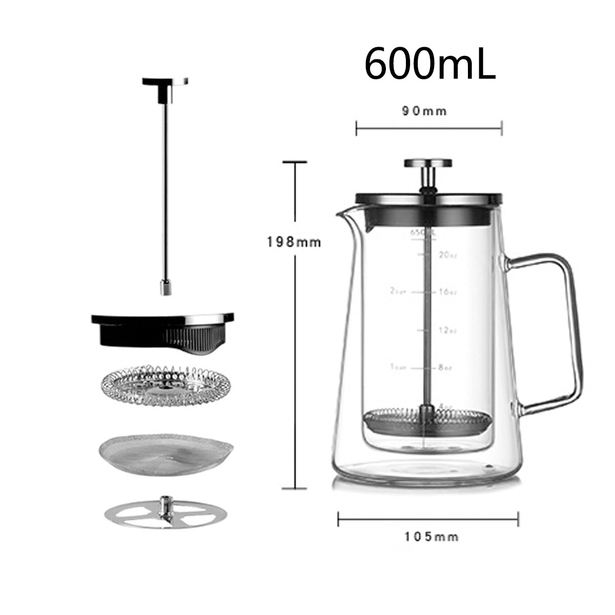 Cafetiera, dublu perete, sticla borosilicata, capacitate mare, 350 ml