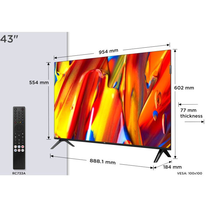 Televizor TCL QLED 43V5C, 108 cm, Smart Google TV, Full HD, clasa F, (Model 2025), Negru