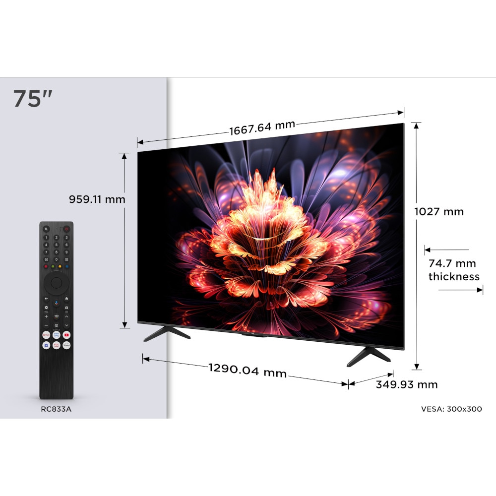 Televizor LED TCL 75V6C, Smart TV, 189 cm, Ultra HD 4K, Google TV, Clasa E, Negru