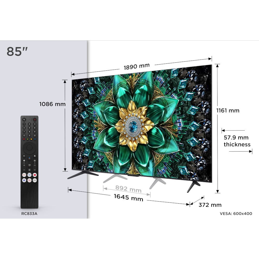 Televizor TCL Mini LED 85Q6C, 215 cm, Smart Google TV, 4K Ultra HD, WiFi, CI+, (Model 2025), Negru