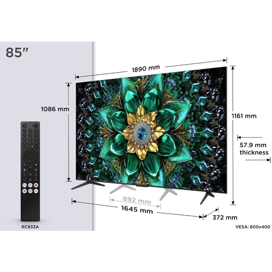 Televizor TCL Mini LED 85Q6C, 215 cm, Smart Google TV, 4K Ultra HD, WiFi, CI+, (Model 2025), Negru