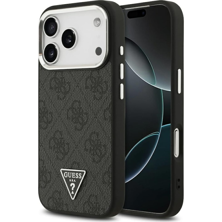 Husa, Guess Hardcase Leather 4G Triangle Strass pentru iPhone 17 Pro Max, Negru