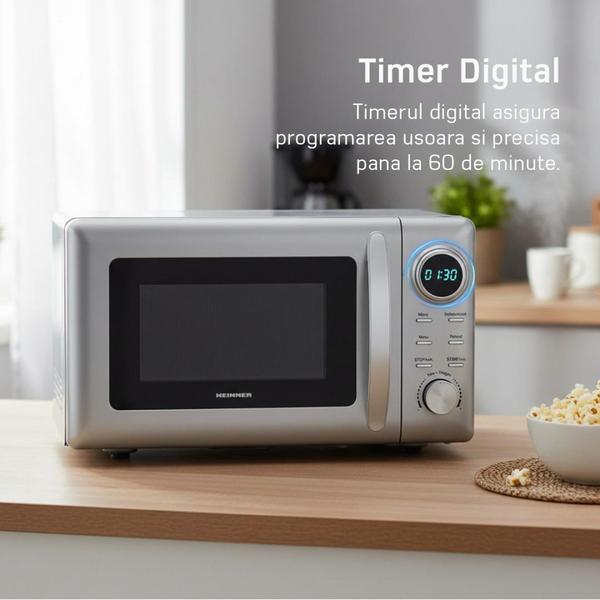 Cuptor cu microunde HEINNER HMW-2060SL, 20 L, 700 W, 5 trepte putere, 8 programe, Decongelare, TImer, Platou 24.5 cm (Argintiu)