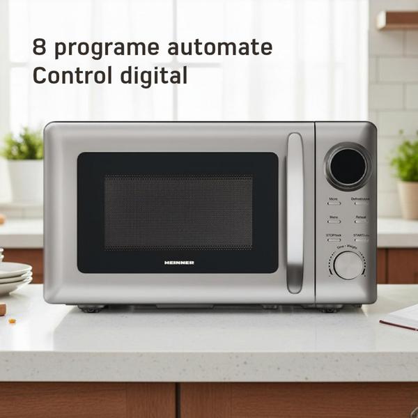Cuptor cu microunde HEINNER HMW-2060SL, 20 L, 700 W, 5 trepte putere, 8 programe, Decongelare, TImer, Platou 24.5 cm (Argintiu)