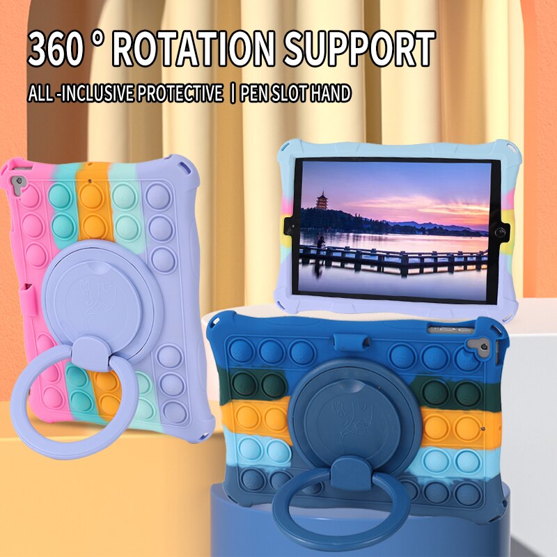 Husa tableta, PMIXO, pentru iPad de 9,7 inch,, suport rotativ, anti-soc, jucarie antistres, albastru