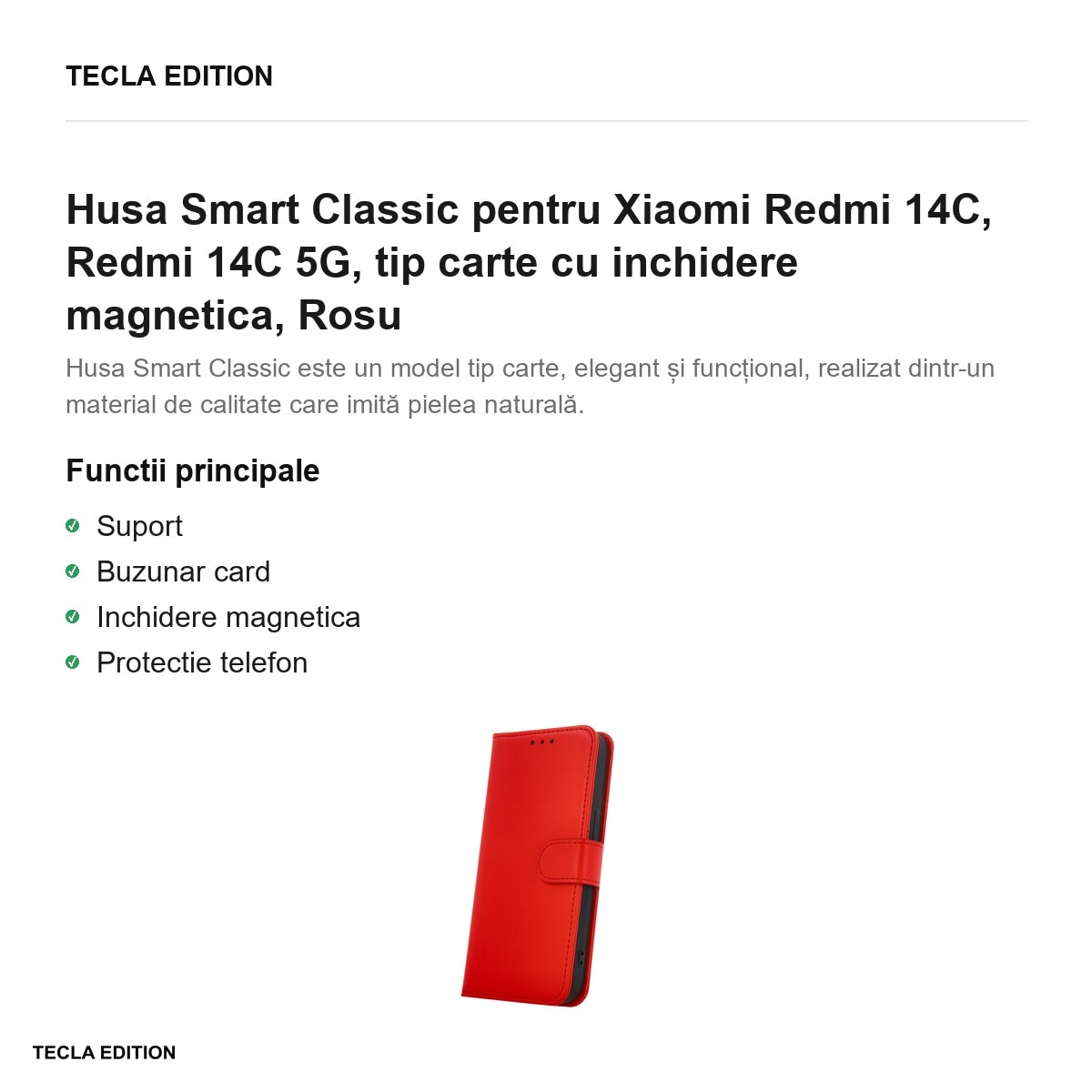 Husa Smart Classic pentru Xiaomi Redmi 14C, Redmi 14C 5G, tip carte cu inchidere magnetica, Rosu