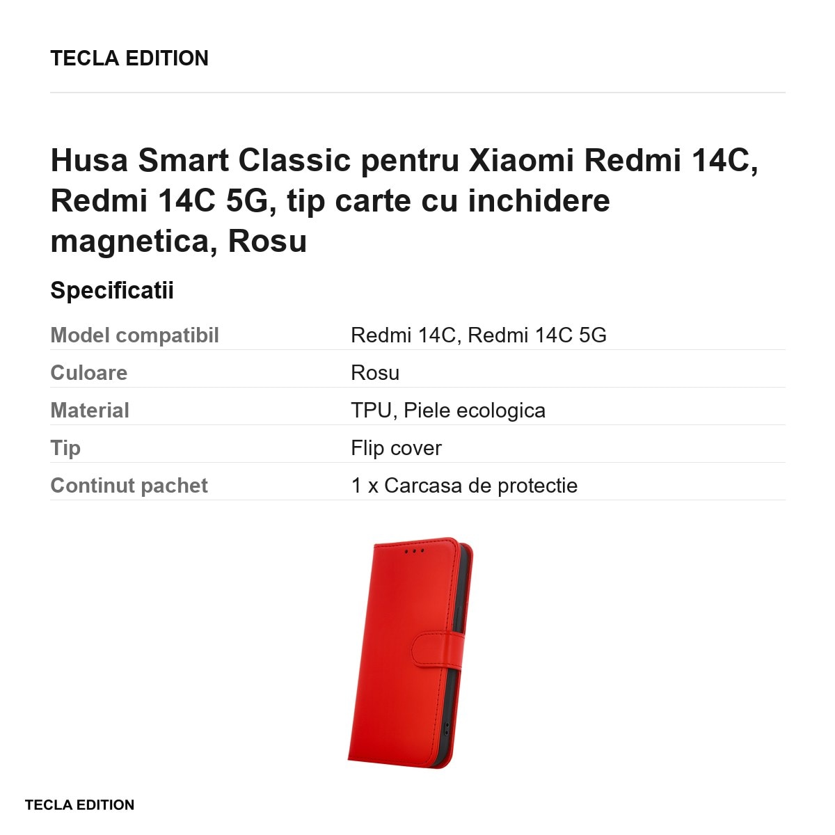 Husa Smart Classic pentru Xiaomi Redmi 14C, Redmi 14C 5G, tip carte cu inchidere magnetica, Rosu