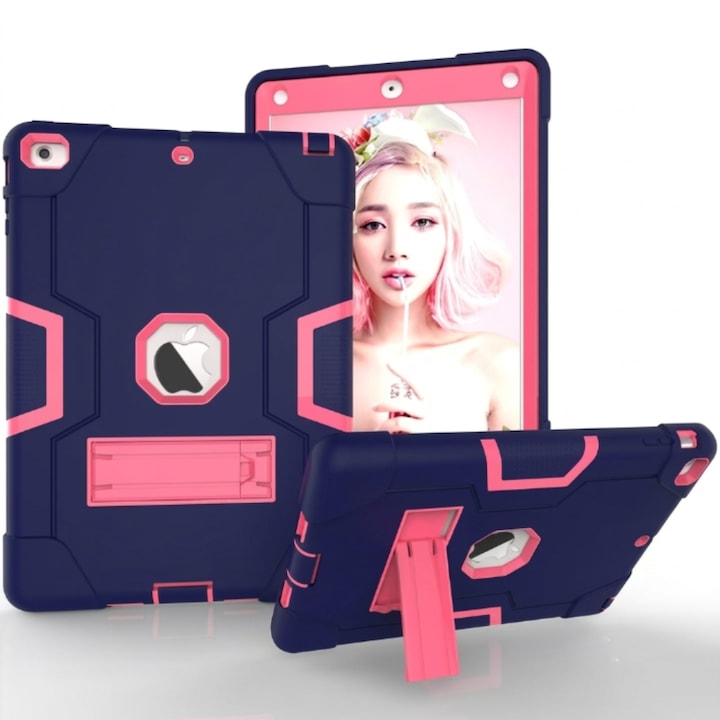 Husa tableta antisoc pentru iPad 9.7 inch, protectie 3 straturi, suport pliabil reglabil, bleumarin cu roz