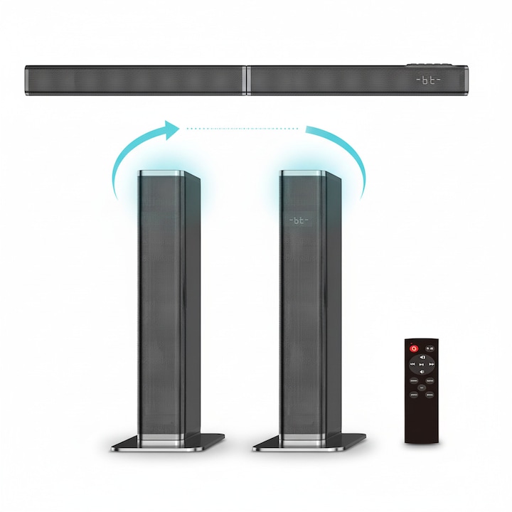 Soundbar TV detasabila 3 in 1 cu subwoofer 80W, Boxa home theater cu bas profund si sunet surround stereo, Bluetooth 5.3, HDMI ARC, optic, AUX si USB, Telecomanda, Negru, WALALLA