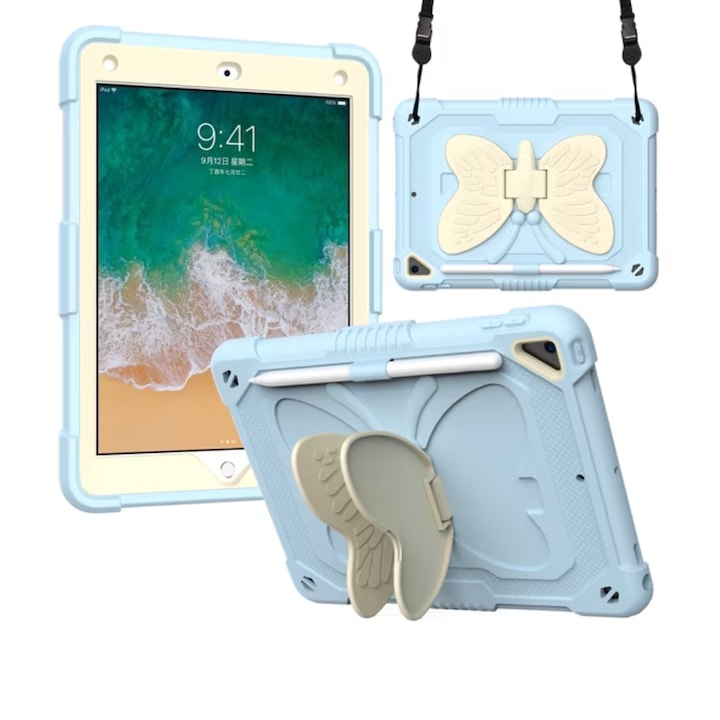Husa tableta antisoc pentru iPad 9.7 inch gen 5/6 si Air 1/2, model fluture, suport pliabil, slot creion, curea de umar, albastru