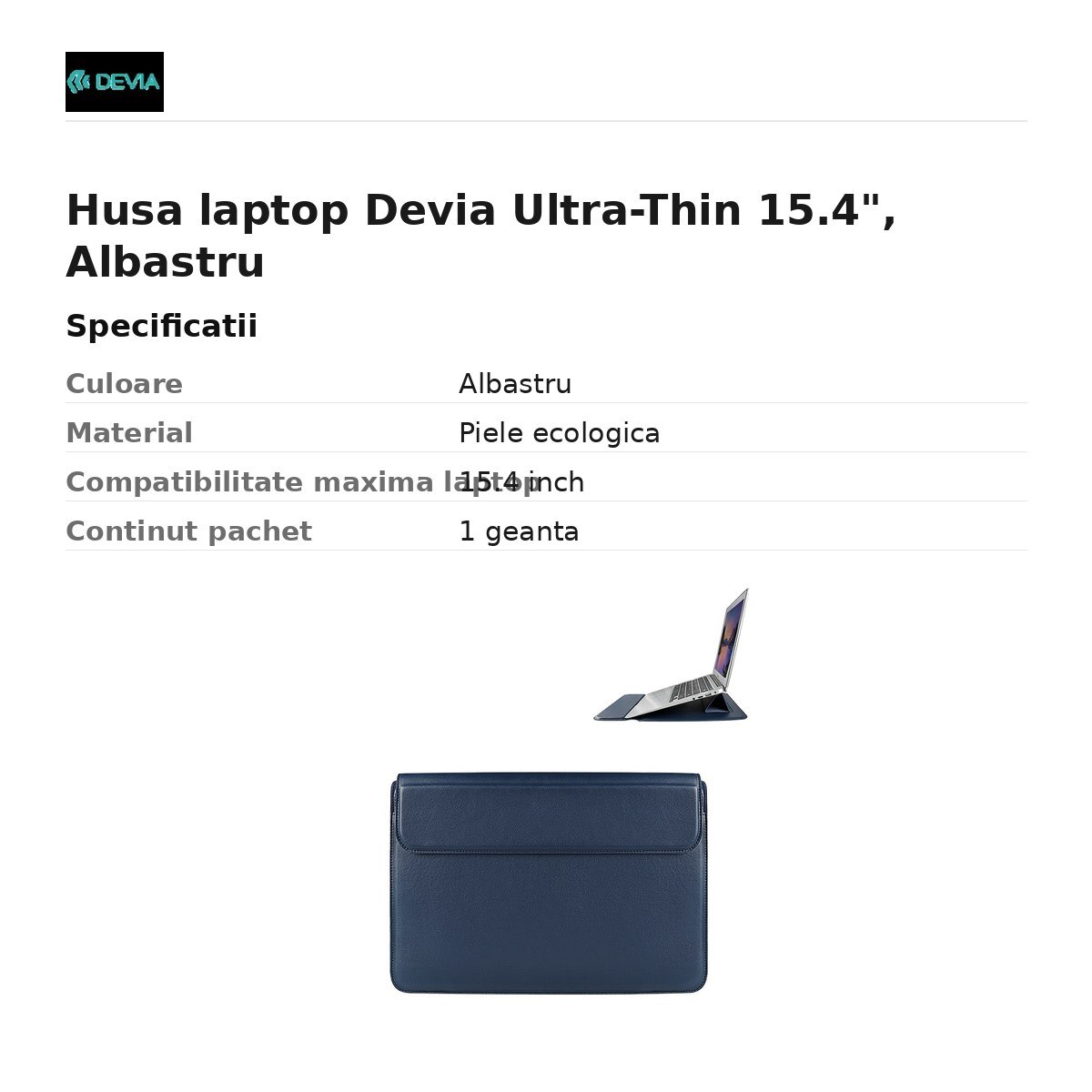 Husa laptop Devia Ultra-Thin 15.4", Albastru