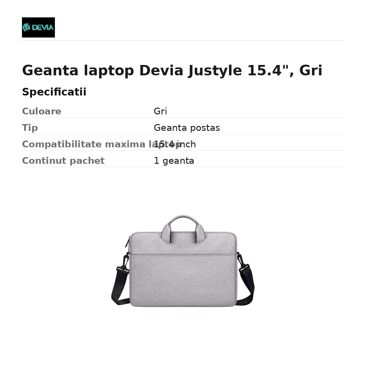 Geanta laptop Devia Justyle 15.4", Gri