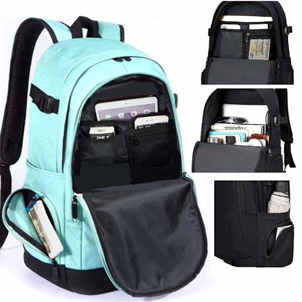 Rucsac pentru laptop din textil rezistent la apa, anti-furt, compartiment captusit pentru 15.6 inch, curea pentru troler si multiple buzunare, albastru deschis, 30 L