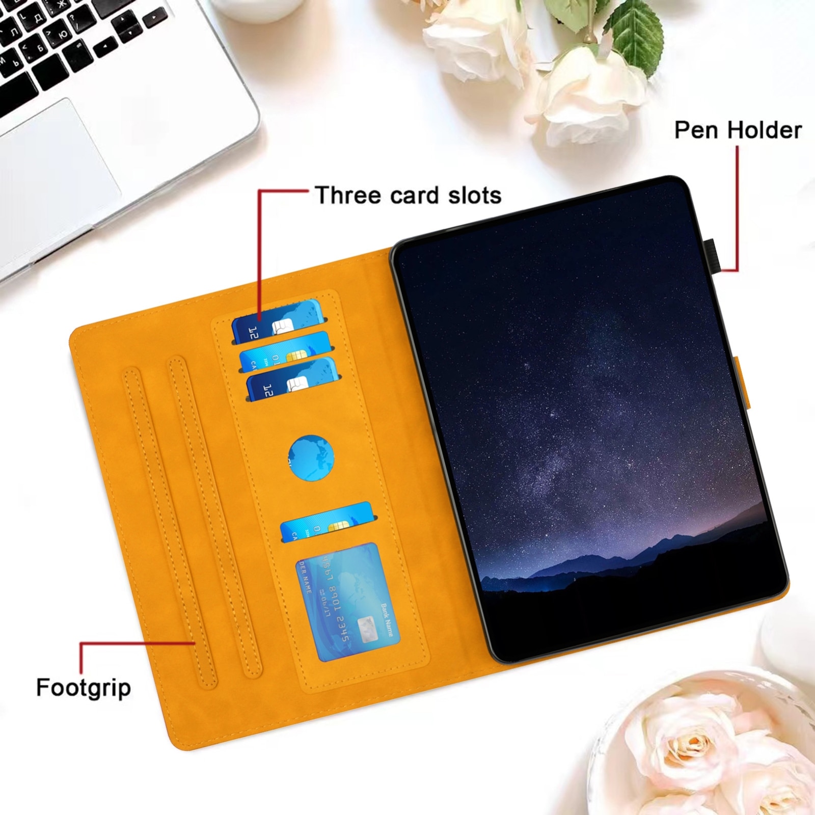 Husa tableta pentru Lenovo Tab M10 HD Gen 2 X306X, piele cu model in relief "fagure de miere", tip carte cu suport, galben