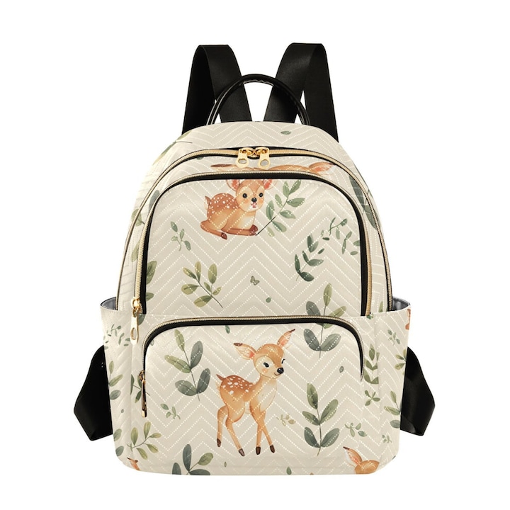 Rucsac laptop verde cu imprimeu caprioara si frunze, usor, 29x15.5x36cm