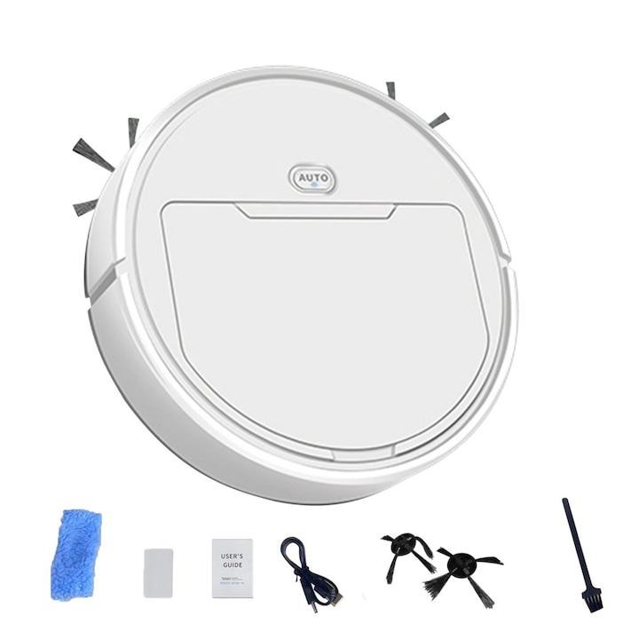 Aspirator robot cu mop 2-in-1 k0367-0714-emag-HS62395, design slim, autonomie 60 min, zgomot 40 dB, dimensiuni 21x21x5 cm, alb