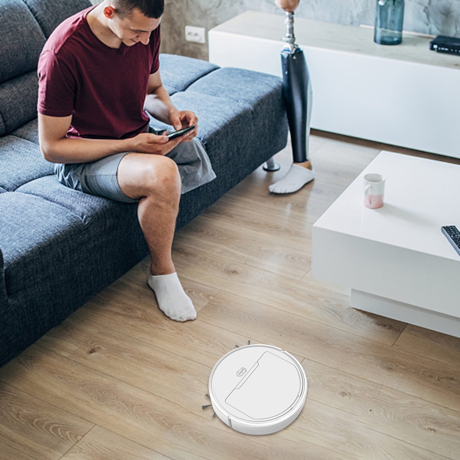 Aspirator robot cu mop 2-in-1 k0367-0714-emag-HS62395, design slim, autonomie 60 min, zgomot 40 dB, dimensiuni 21x21x5 cm, alb