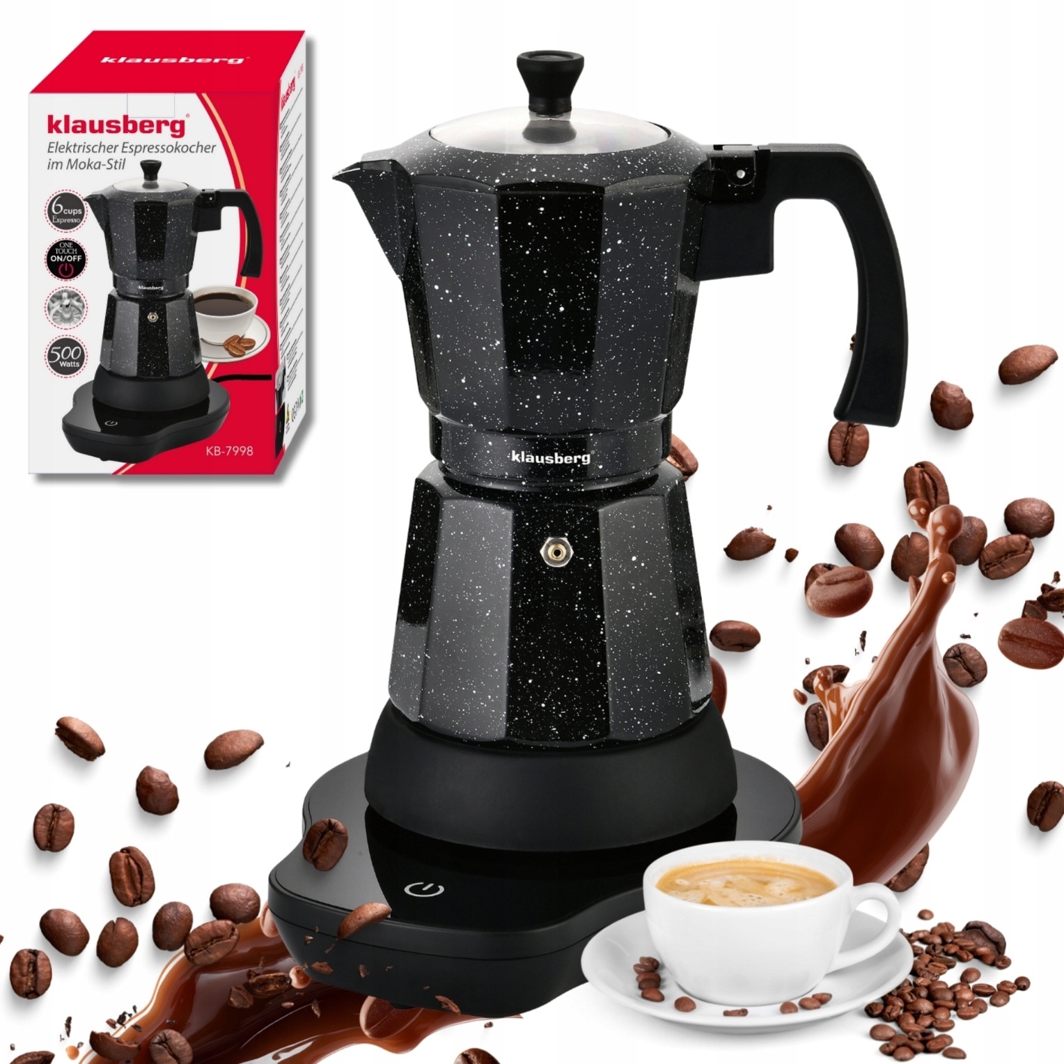 Cafetiera electrica Moka Klausberg KB-7998 (C5PDZAQ9), 500 W, 6 cesti, negru cu stropi