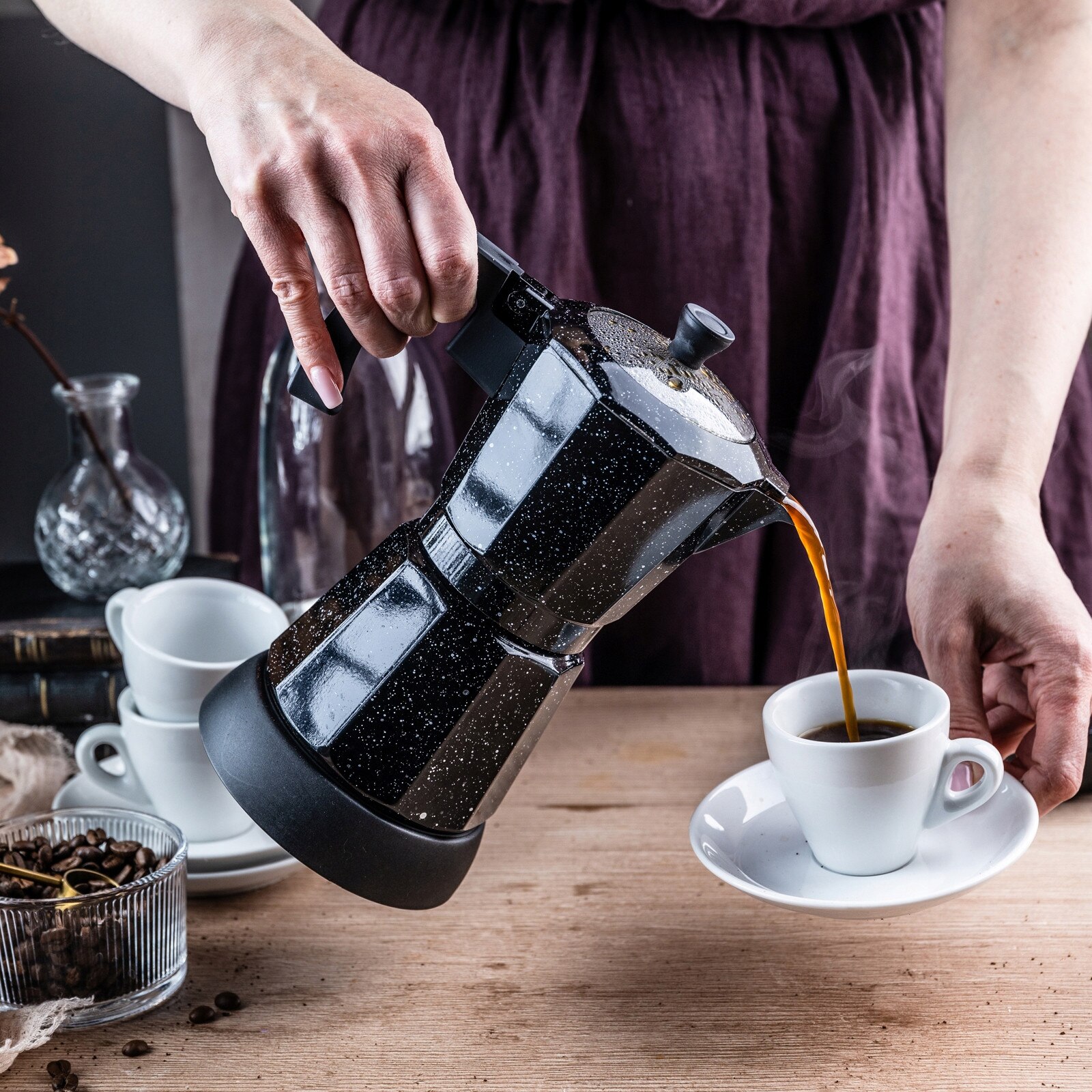Cafetiera electrica Moka Klausberg KB-7998 (C5PDZAQ9), 500 W, 6 cesti, negru cu stropi