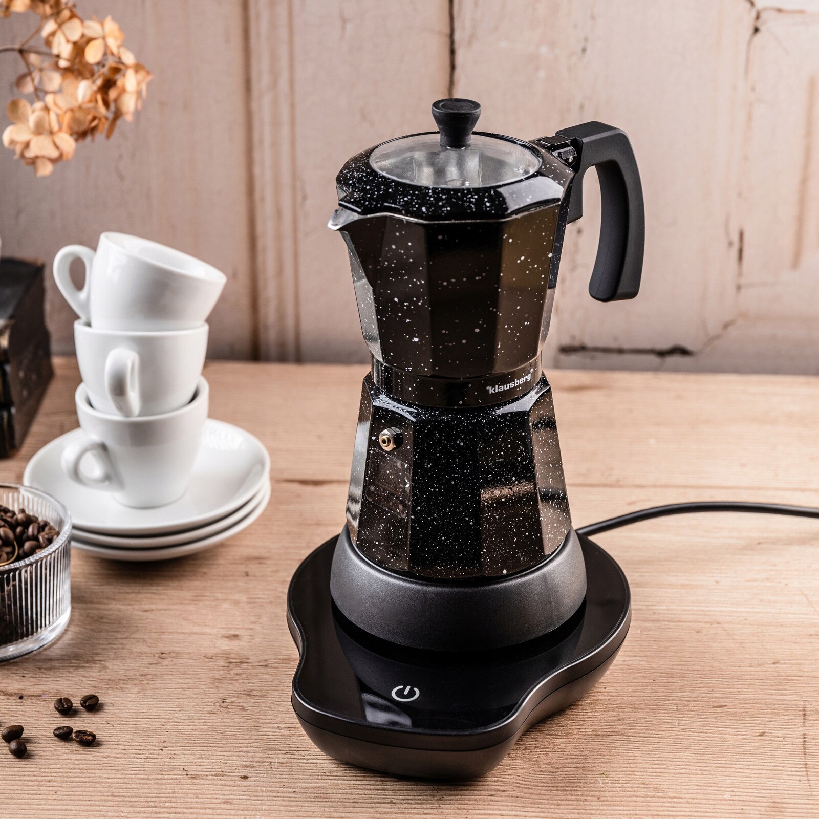 Cafetiera electrica Moka Klausberg KB-7998 (C5PDZAQ9), 500 W, 6 cesti, negru cu stropi
