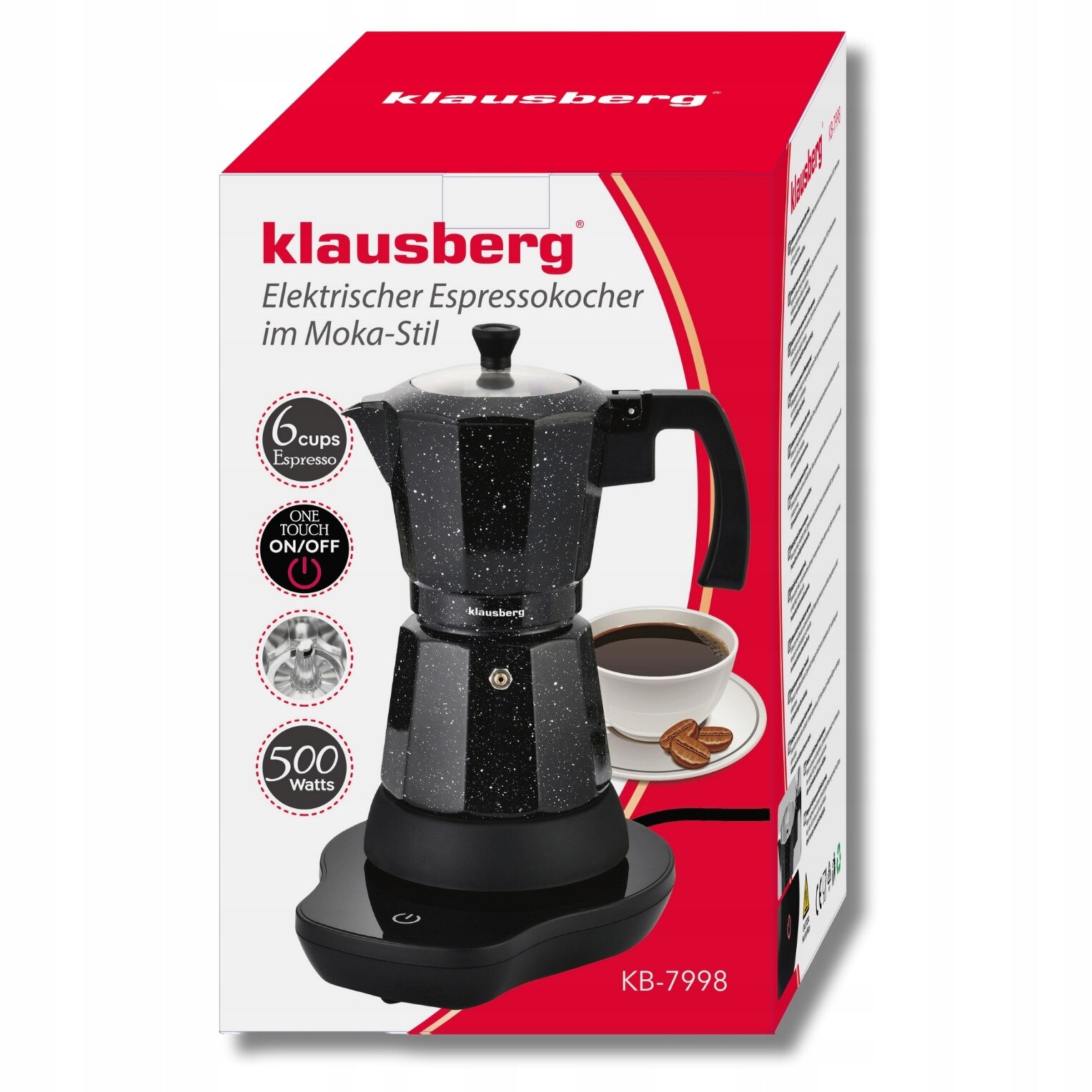 Cafetiera electrica Moka Klausberg KB-7998 (C5PDZAQ9), 500 W, 6 cesti, negru cu stropi