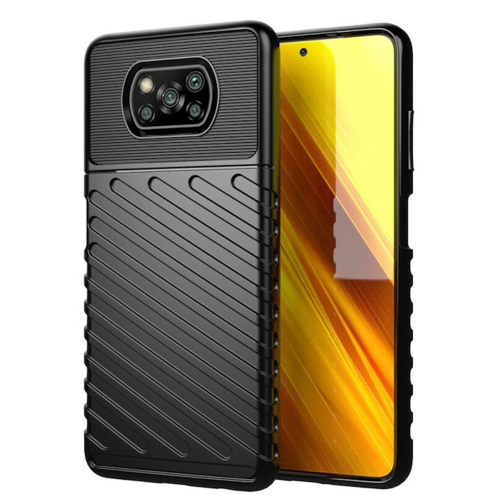 Husa Carbon Design, pentru Poco X3/ X3 Pro, rezistenta la socuri, Shield Thunder, Negru