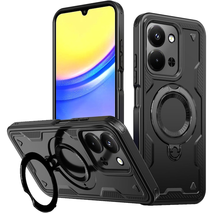 Husa military armour cu inel metalic, ALC MOBILE, compatibila cu Xiaomi Redmi 15C, Negru