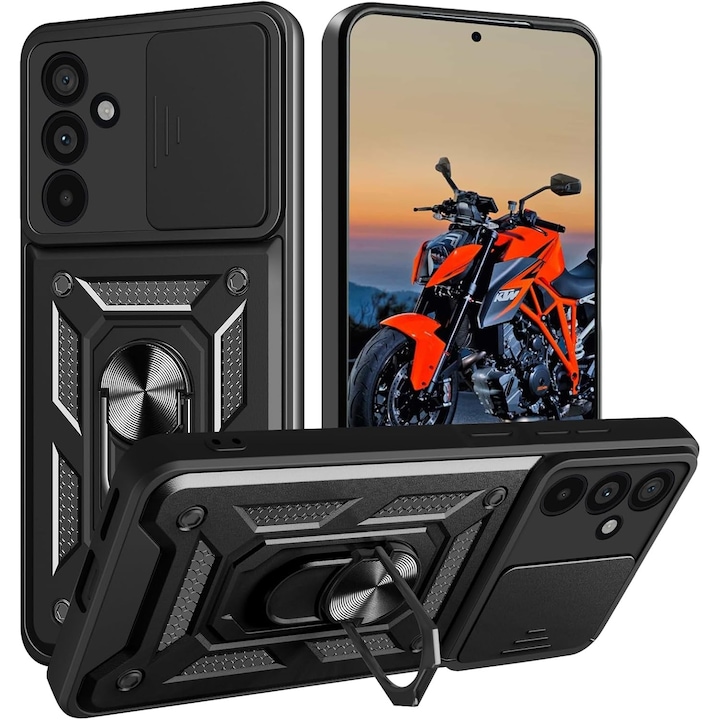 Husa antisoc compatibila cu Samsung Galaxy S26, design Armour, protectie camera cu clapa glisanta, Negru