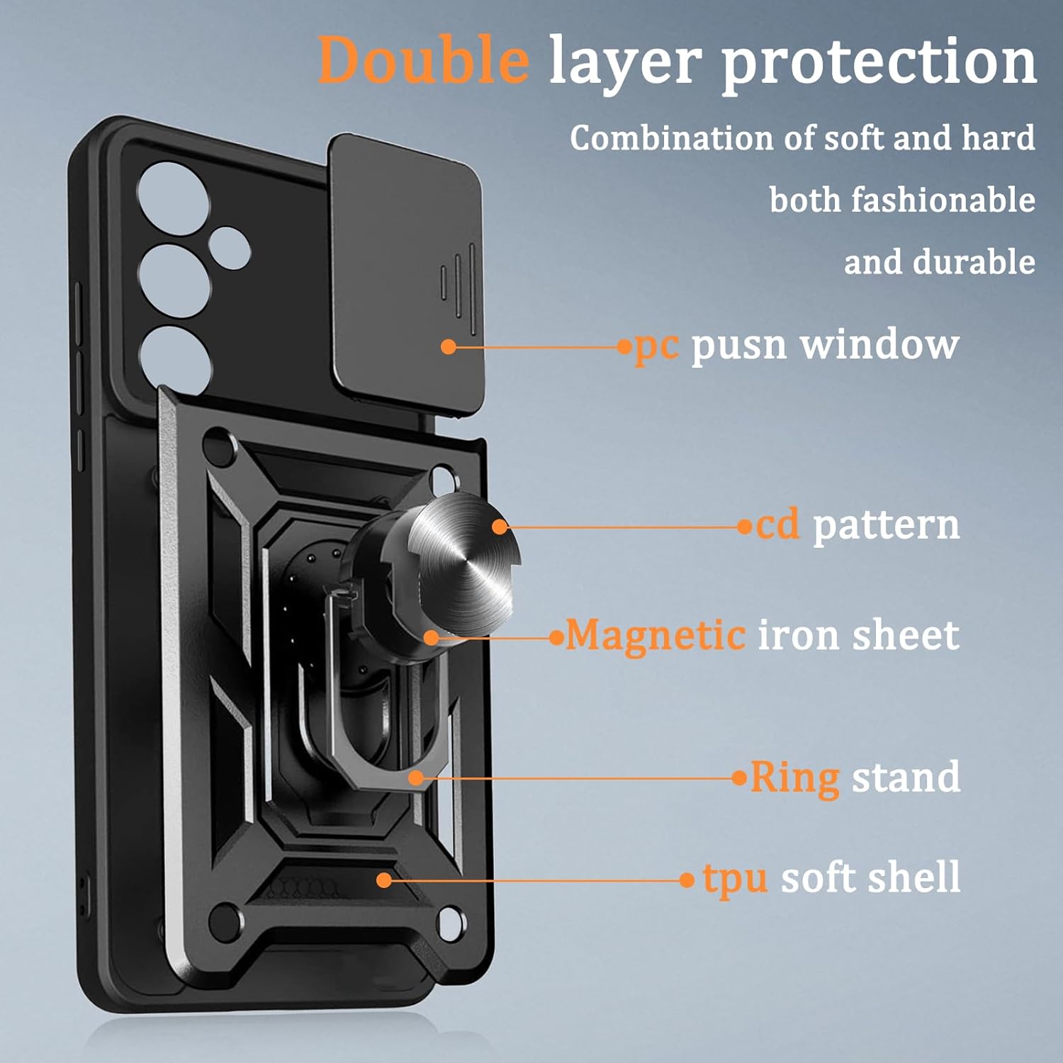 Husa antisoc compatibila cu Samsung Galaxy S26, design Armour, protectie camera cu clapa glisanta, Negru
