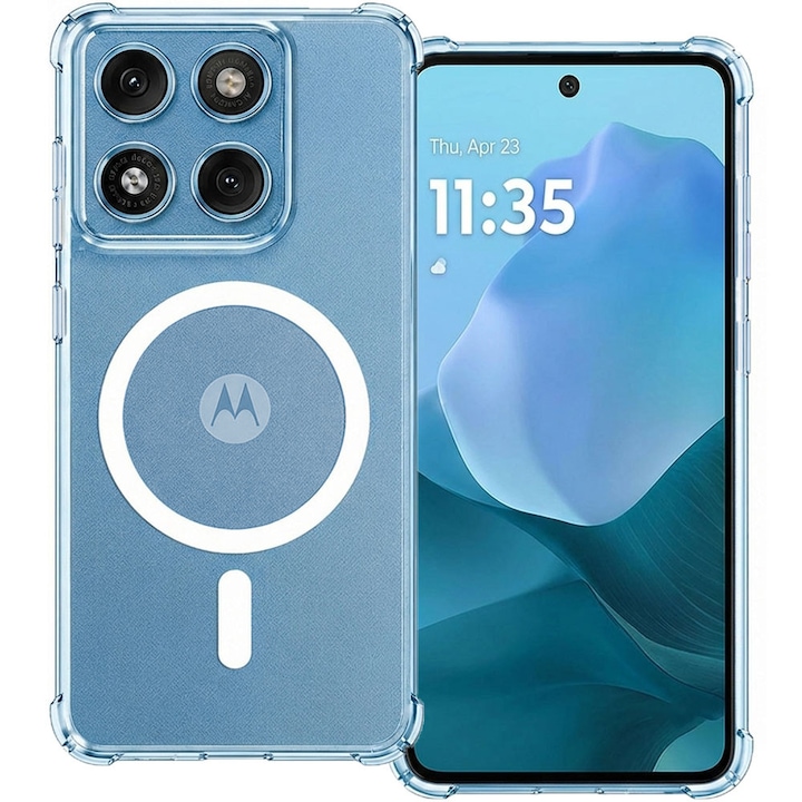 Husa pentru Motorola Moto G17 / G17 Power, Spate din policarbonat, Clear Magnet Pro, Wireless charging, Colturi aerate cu protectie antisoc, Margine de silicon, Magnetica, Perfect Fit, Transparenta