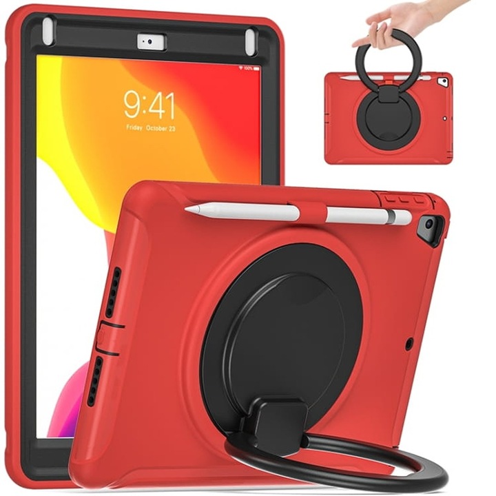Husa tableta compatibil cu iPad 10.2", rosie, cu suport rotativ si loc pentru stilou