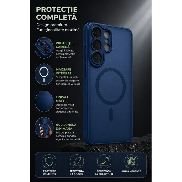 Husa Upzz® Full Matt Pentru Samsung Galaxy S26 ULTRA, Protectie Camere si Colturi, Super Rezistenta, Magsafe Albastru