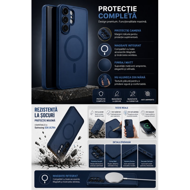 Husa Upzz® Full Matt Pentru Samsung Galaxy S26 ULTRA, Protectie Camere si Colturi, Super Rezistenta, Magsafe Albastru