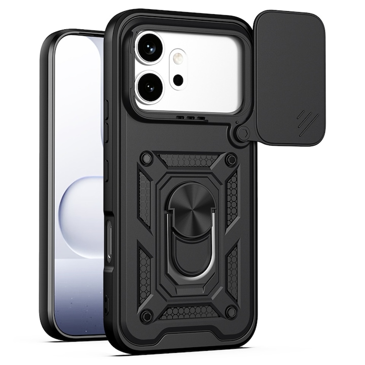 Husa pentru Honor 600 / 600 Pro, protectie camere, Inel magnetic, set cu sticker, CamShield, Negru