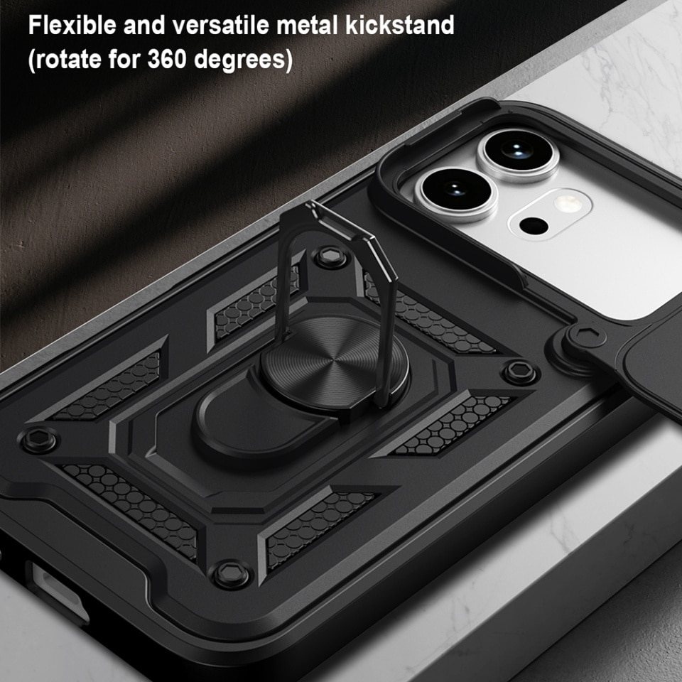 Husa pentru Honor 600 / 600 Pro, protectie camere, Inel magnetic, set cu sticker, CamShield, Negru