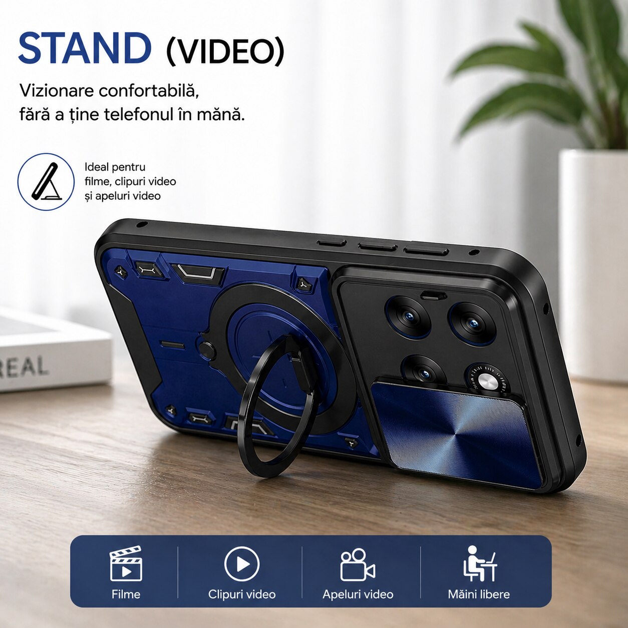 Husa Compatibila cu Motorola Edge 70 Fusion, Antisoc, Inel Rotativ 360, Stand, Protectie Camera, Albastru, ALC MOBILE