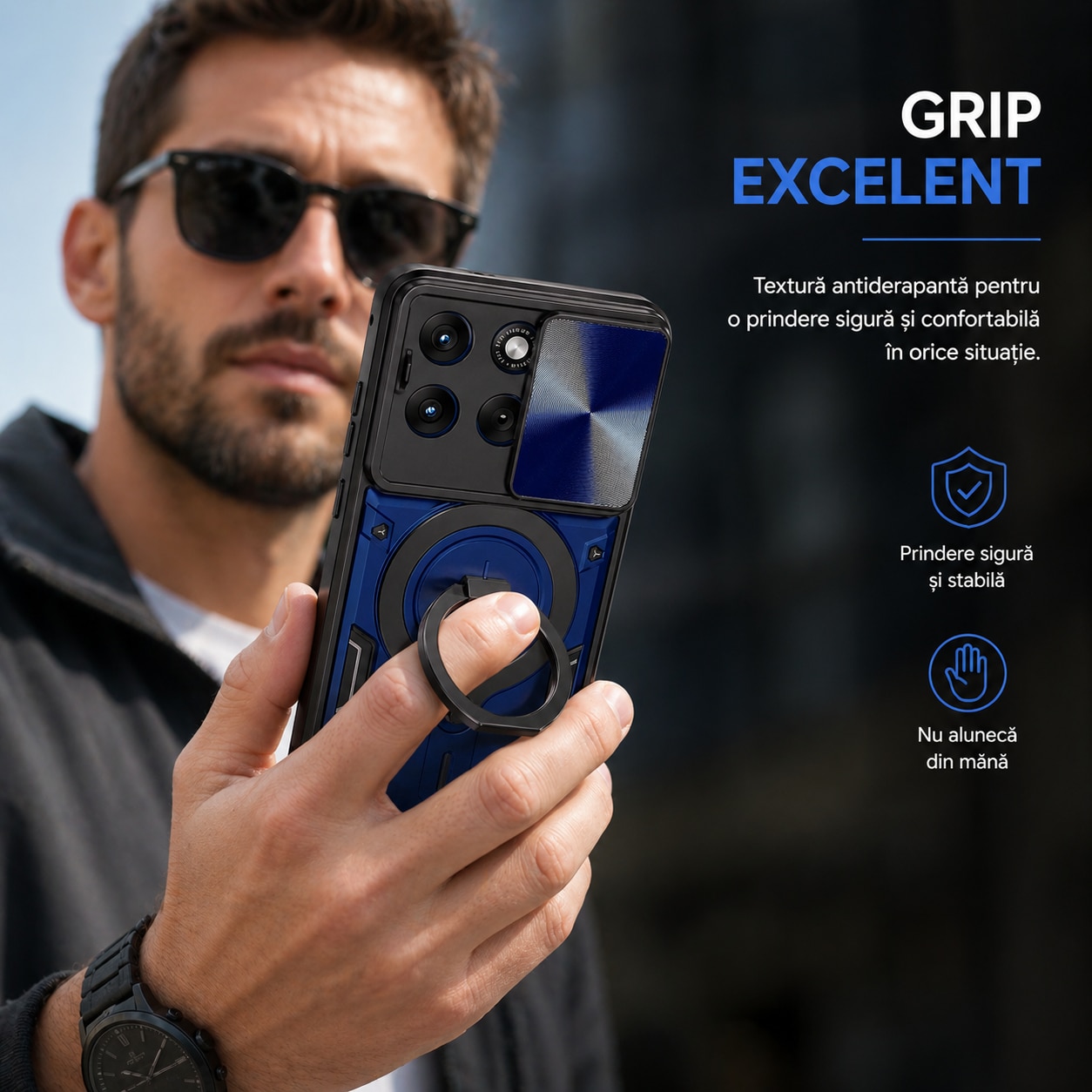 Husa Compatibila cu Motorola Edge 70 Fusion, Antisoc, Inel Rotativ 360, Stand, Protectie Camera, Albastru, ALC MOBILE