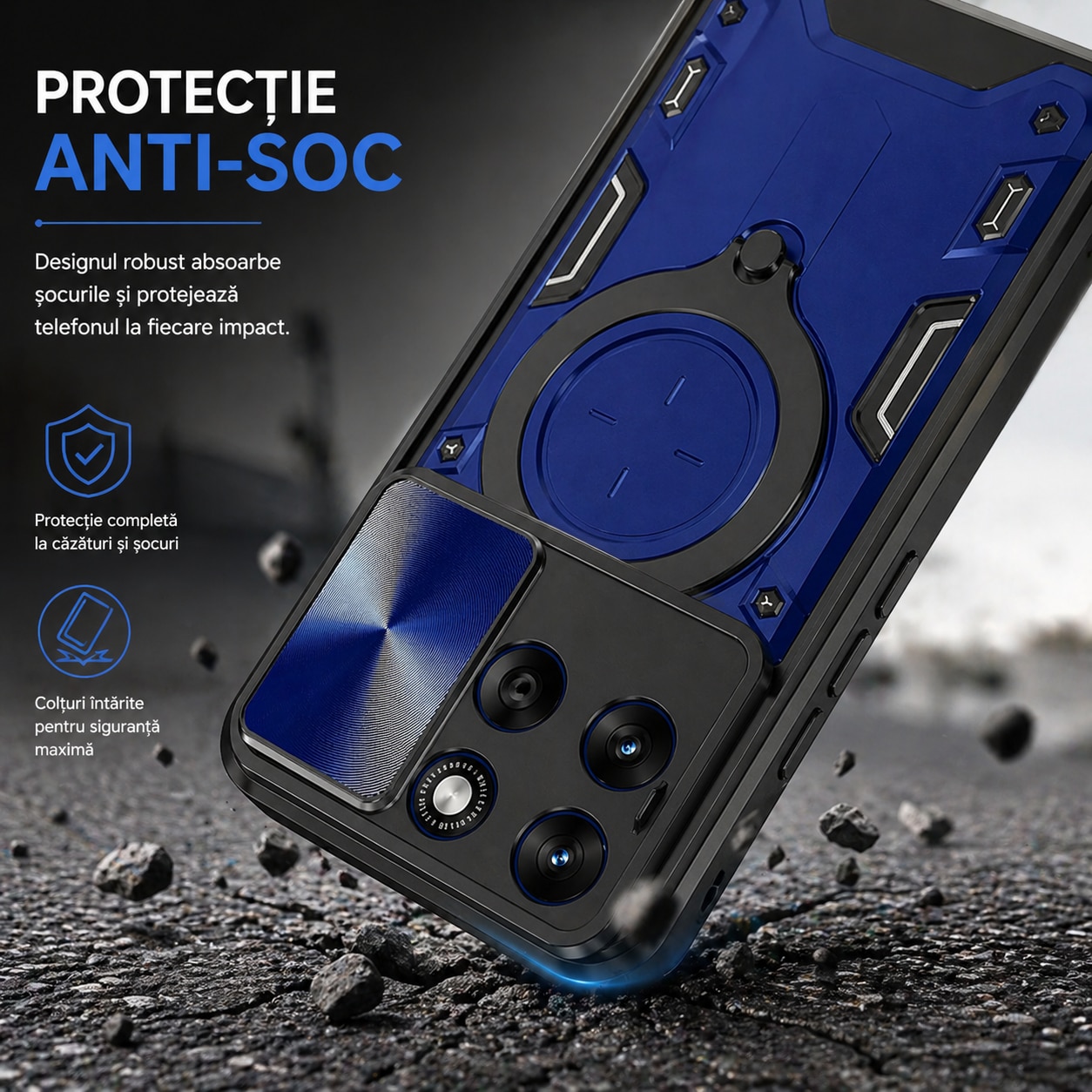 Husa Compatibila cu Motorola Edge 70 Fusion, Antisoc, Inel Rotativ 360, Stand, Protectie Camera, Albastru, ALC MOBILE