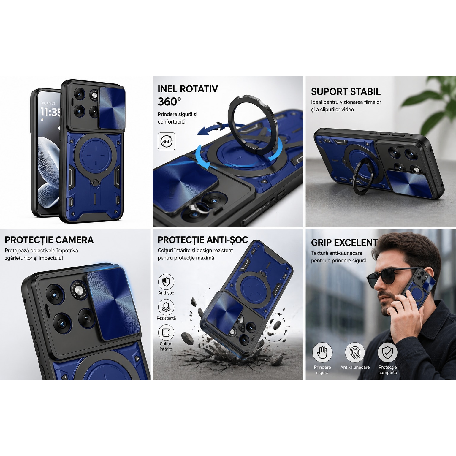 Husa Compatibila cu Motorola Edge 70 Fusion, Antisoc, Inel Rotativ 360, Stand, Protectie Camera, Albastru, ALC MOBILE