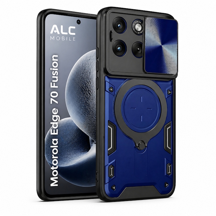 Husa Compatibila cu Motorola Edge 70 Fusion, Antisoc, Inel Rotativ 360, Stand, Protectie Camera, Albastru, ALC MOBILE